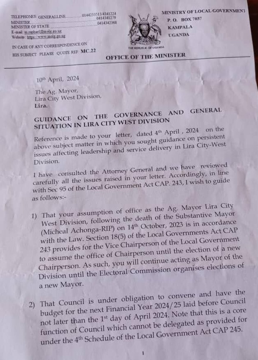 Minister Magyezi okays Deputy Mayor Lira city West Division office Mantle